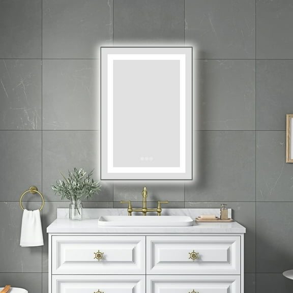 20" x 32" LED Bathroom Mirror with Front and Backlight, Wall Mounted Vanity Mirror with Aluminum Frame, Anti-Fog, Memory, 3 Colors, Stepless Dimmable