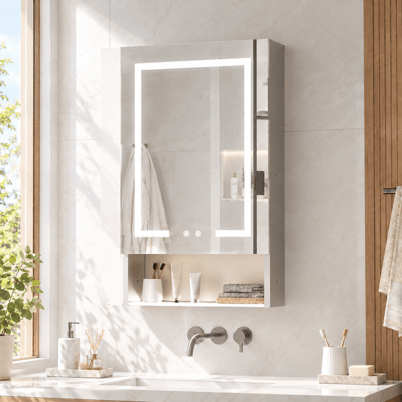 20" x 34" Medicine Cabinet with Double-Sided LED Mirror for Bathroom, Lukstr Aluminum Medicine Cabinet with Outlet, Easy Assembly