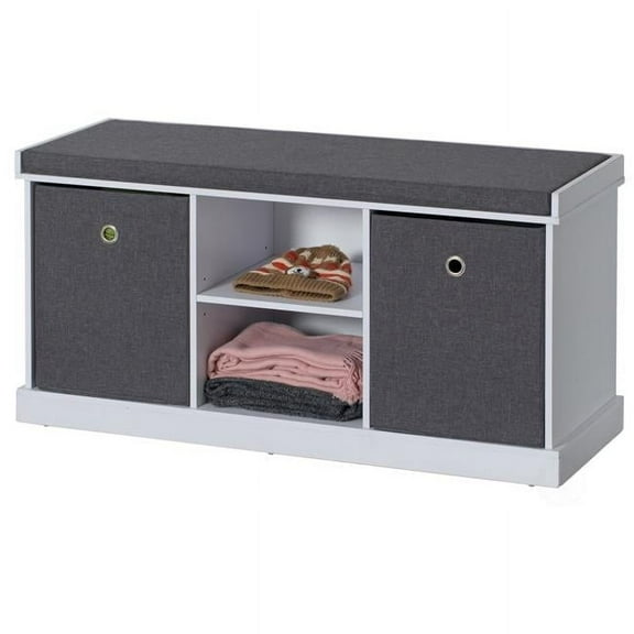 20 x 39 x 14.5 in. MDF Storage Box Shoe Bench with 2 Drawers with Foldable Baskets & Gray Cushion, White