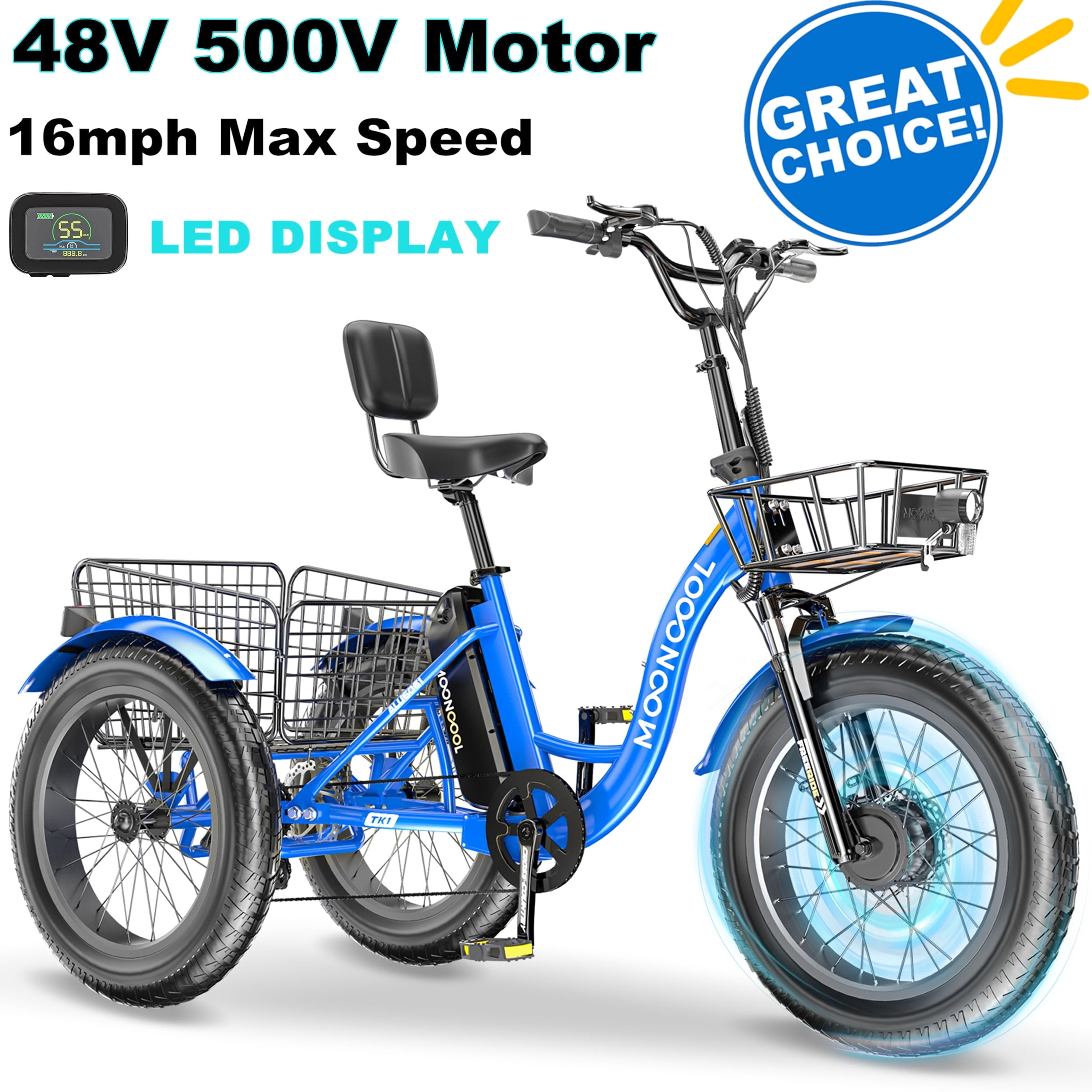 20" x 4" Fat Tire Electric Tricycle for Adult, 7 Speeds Electric Trike 48V 500W Motorized Tricycle , Electric Three Wheels Bicycle for Senior, Aluminum Frame & Rear Basket ,16mph