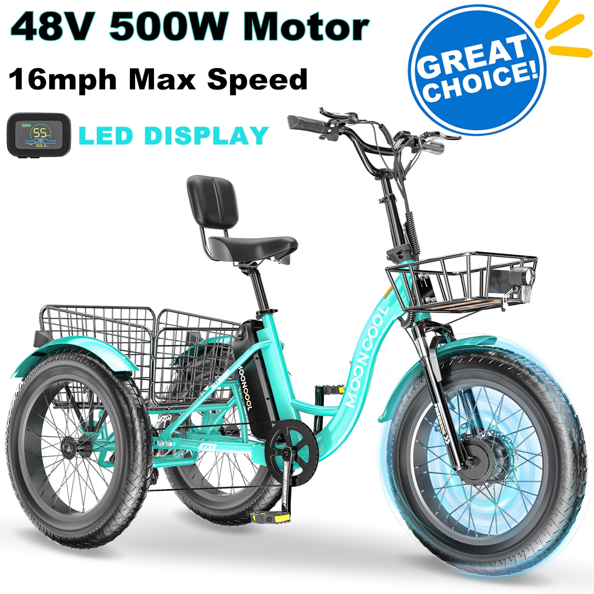 20" x 4" Fat Tire Electric Tricycle for Adult, 7 Speeds Electric Trike 48V 500W Motorized Tricycle , Electric Three Wheels Bicycle for Senior, Aluminum Frame & Rear Basket ,16mph