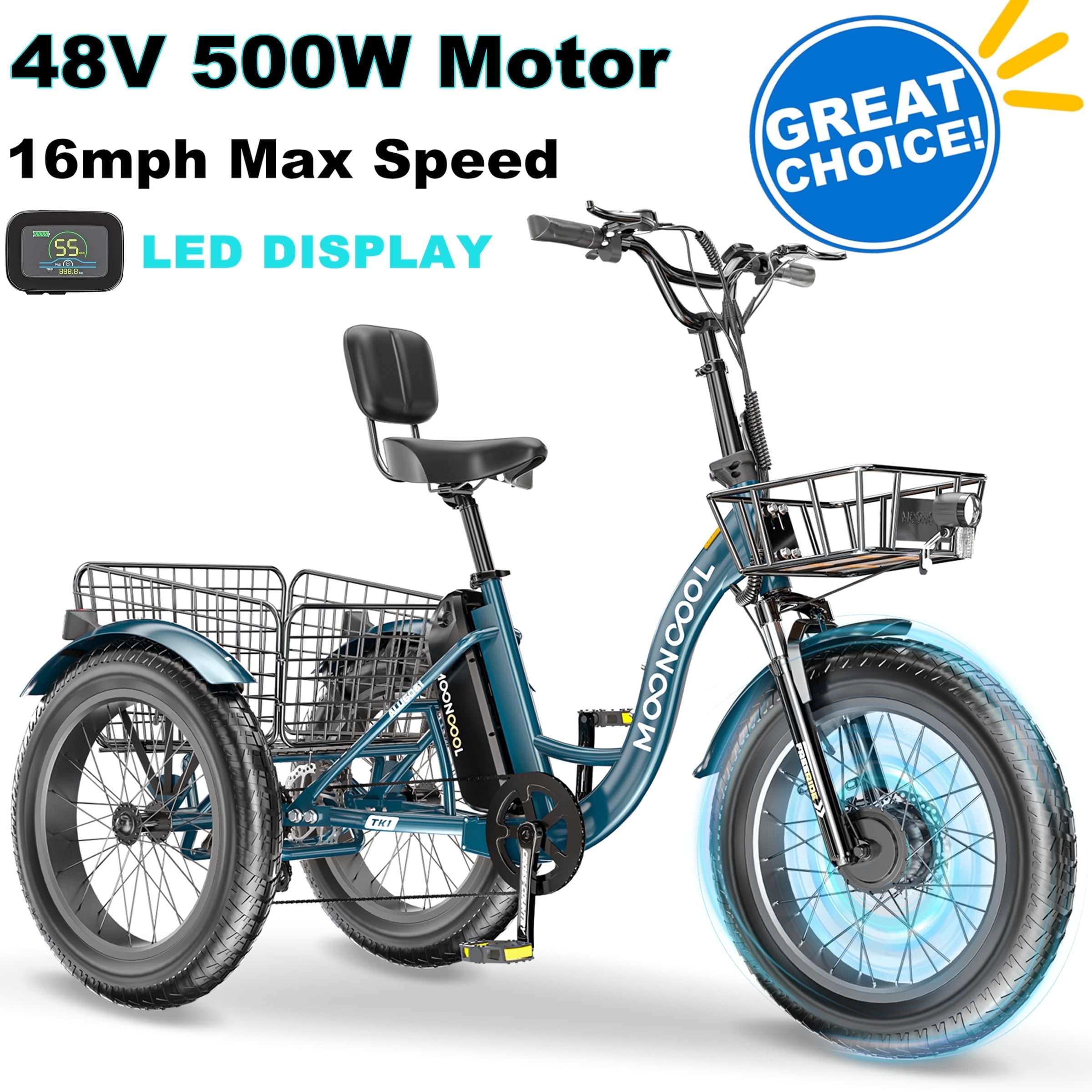 20" x 4" Fat Tire Electric Tricycle for Adult, 7 Speeds Electric Trike 48V 500W Motorized Tricycle , Electric Three Wheels Bicycle for Senior, Aluminum Frame & Rear Basket ,16mph