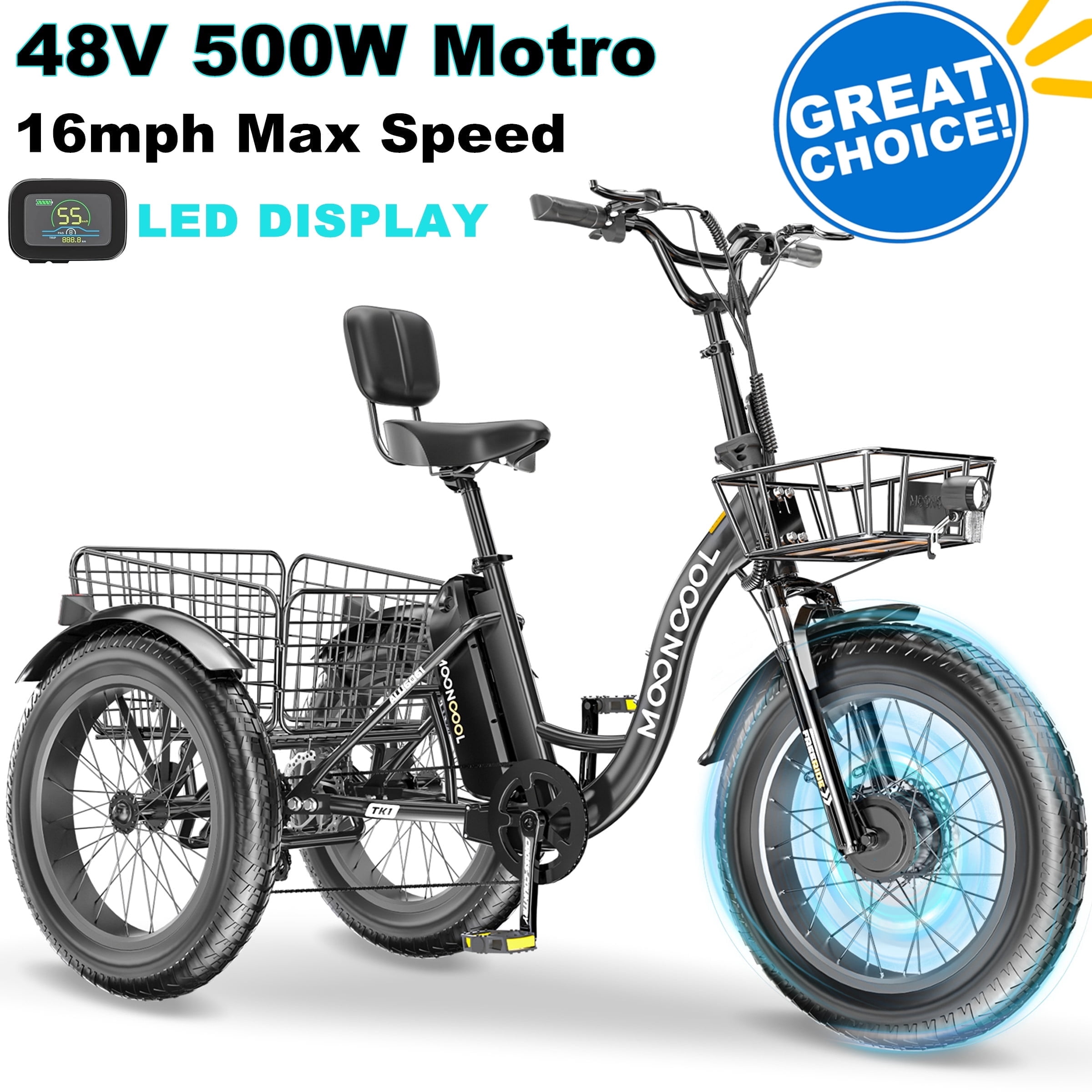 20" x 4" Fat Tire Electric Tricycle for Adult, 7 Speeds Electric Trike 48V 500W Motorized Tricycle , Electric Three Wheels Bicycle for Senior, Aluminum Frame & Rear Basket ,16mph