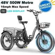 20" x 4" Fat Tire Electric Tricycle for Adult, 7 Speeds Electric Trike 48V 500W Motorized Tricycle , Electric Three Wheels Bicycle for Senior, Aluminum Frame & Rear Basket ,16mph