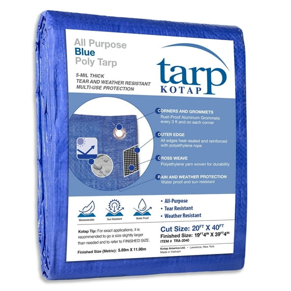 KOTAP 20 x 40 Ft. All-Purpose Protection/Coverage 5-mil Poly Tarp, Waterproof, Blue, TRA-2040