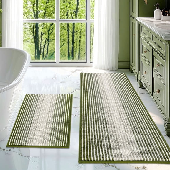 SHEETCUBE 20" x 47" & 16" x 24" 2 Piece Thick Absorbent Chenille Soft Shaggy Non Slip Bath Mat Rug Set, Machine Washable, for Bathroom Floor, Sage