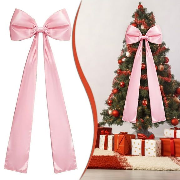 20" x 47" Extra Large Pink Satin Christmas Tree Bow Topper, Big Ribbon Bows for Tree, Wreath, Wall, Gift, Wedding, Birthday, and Holiday Party Decorations