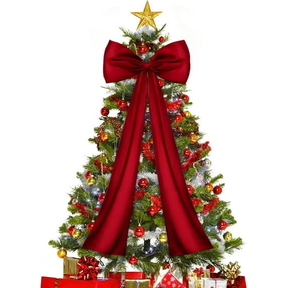 20 x 47 Inches Extra Large Christmas Tree Topper Bow, Christmas Wine Red Stain Bow Giant Xmas Wreath, Christmas Decorations for Tree Topper Door Home Wall Party Holiday Birthday Wedding