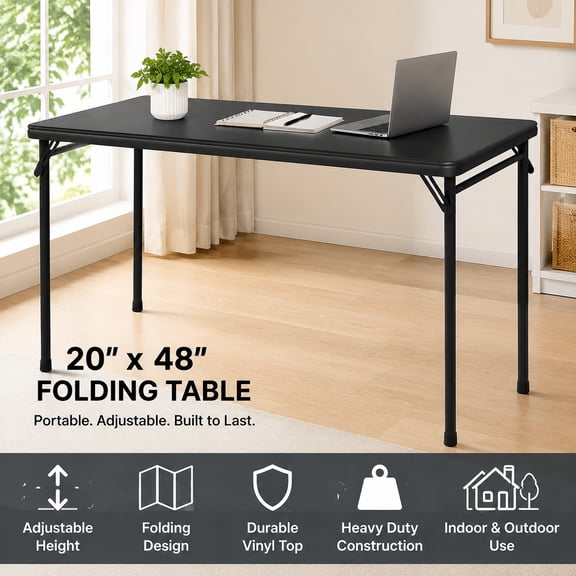 20" x 48" Black Vinyl Top Folding Table, Portable Lightweight Utility Table for Indoor and Outdoor Use