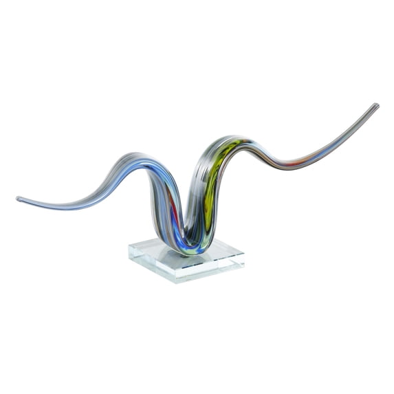 20" x 6" Multi Colored Glass Wave Abstract Sculpture with Clear Base, by DecMode