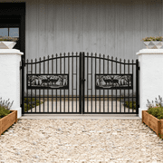 20 x 7 Heavy-Duty Bi-Parting Steel Driveway Gate, Galvanized Iron Entrance Security Gate with Rectangular Deer Pattern, Dual Swing Metal Gate for Residential, Farm & Ranch, Black Powder Coated