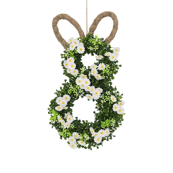 20”x10” Easter Bunny Wreath with Flowers - Bunny Shaped Door Hanger for Front Door, Spring & Easter Home Decor, Ready to Hang