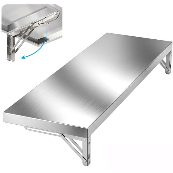 20"x10" Stainless Steel Wall Mounted Folding Table, Space-Saving Fold Down Shelf for Kitchen, Laundry, Garage, Bar, Workshop Easy Clean, Heavy Duty, Wall Mount Hardware Included