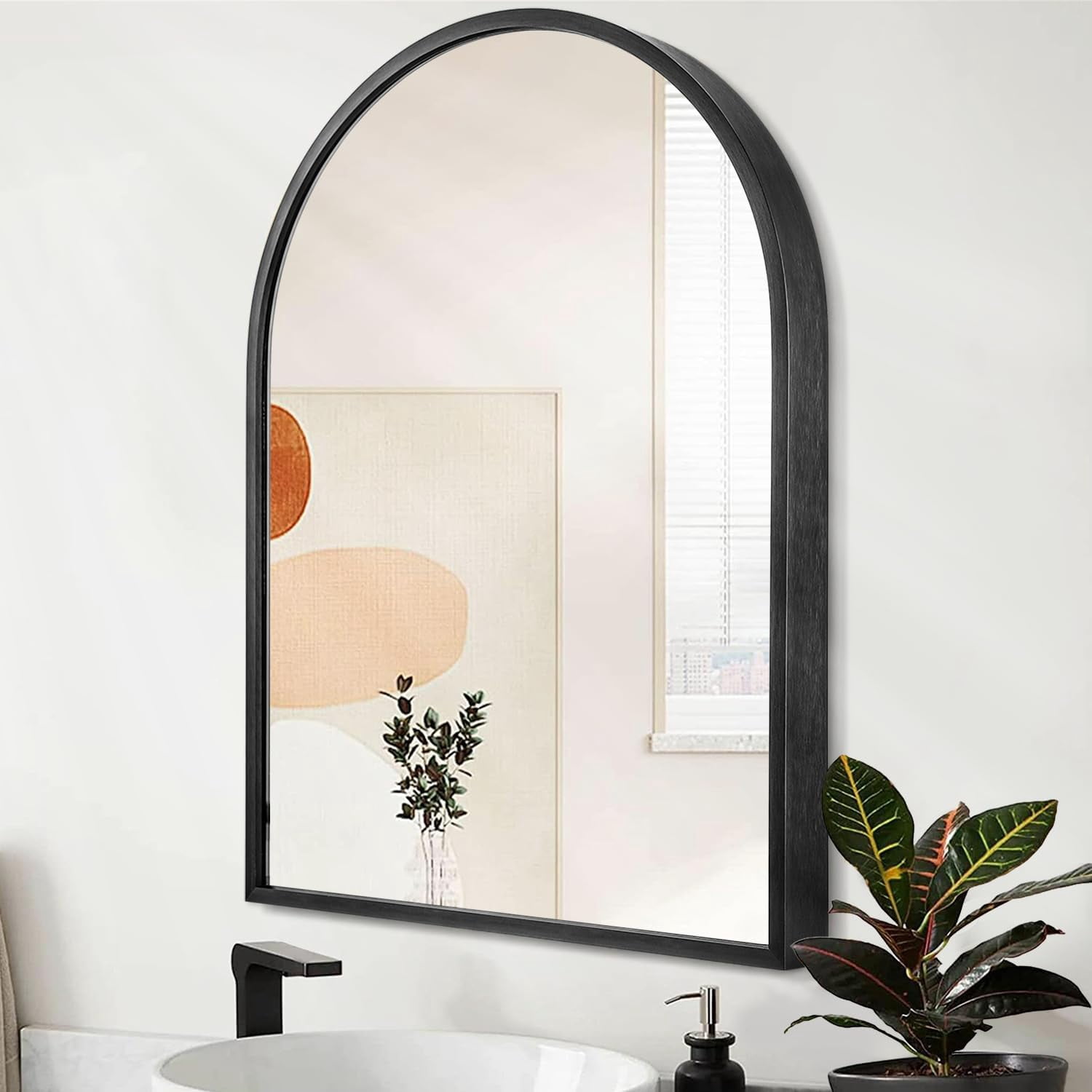 20"x16" Arch Wall Mirror with Large Black Metal Frame for Bathroom