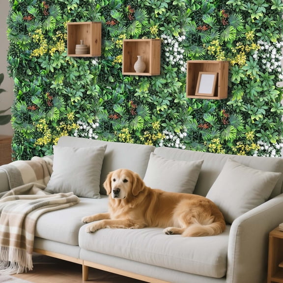 20"x20" Artificial Grass Wall Panels - Boxwood & Tropical Leaves Faux Greenery Privacy Fence Screen with Zip Ties - Indoor Outdoor Grass Backdrop for Garden, Birthday, Wedding Decor