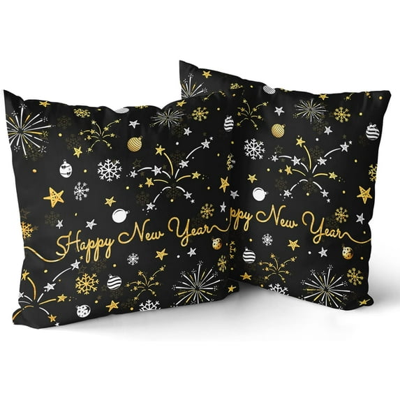 20"x20" Happy New Year Pillow Covers, 2 PCs Winter Snowflake Firework Black Gold Throw Pillowcases with Colorful Stars, Christmas Ball Square Cushion Cover for Sofa Couch Car Bed Home Xmas Decor