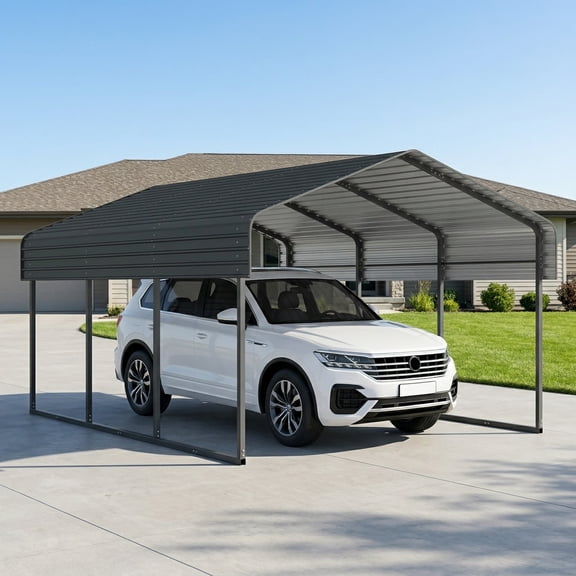 20'x20' Heavy Duty Metal Carport with Galvanized Steel Roof, Outdoor Garage Car Shelter for 2 Cars, Truck, Boat & RV