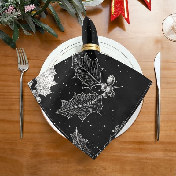 20"x20" Satin Dinner Napkin Black Holly Leaves Table Napkins for Wedding Birthday Restaurant Party Tableware Decoration 1 Pack