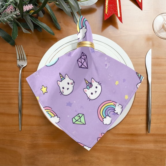 20"x20" Satin Dinner Napkin Cat Face and Rainbows Pattern Table Napkins for Wedding Birthday Restaurant Party Tableware Decoration 1 Pack