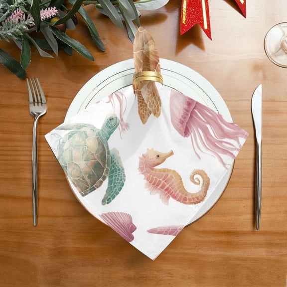 20"x20" Satin Dinner Napkin Happy Turtles and Jellyfish Pattern Table Napkins for Wedding Birthday Restaurant Party Tableware Decoration 1 Pack