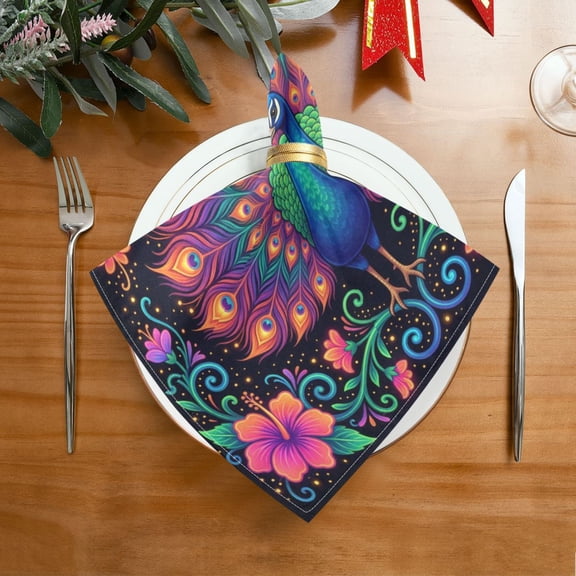 20"x20" Satin Dinner Napkin Peacock with Iridescent Tail Table Napkins for Wedding Birthday Restaurant Party Tableware Decoration 1 Pack