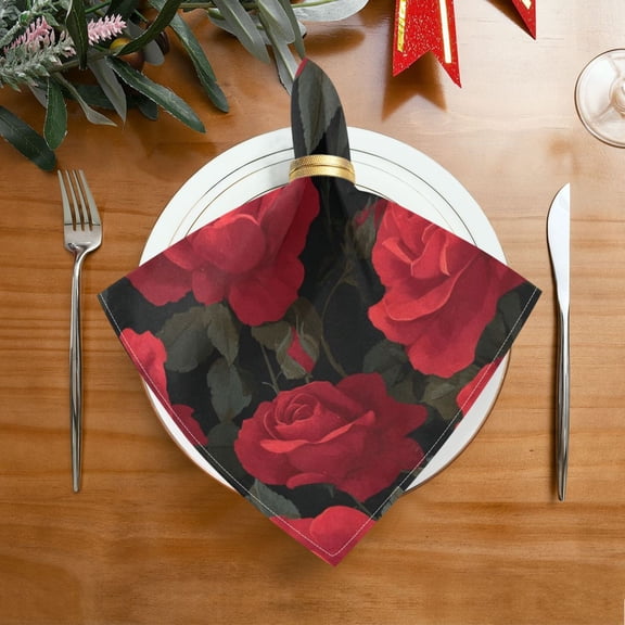 20"x20" Satin Dinner Napkin Red Roses Pattern Table Napkins for Wedding Birthday Restaurant Party Tableware Decoration 1 Pack