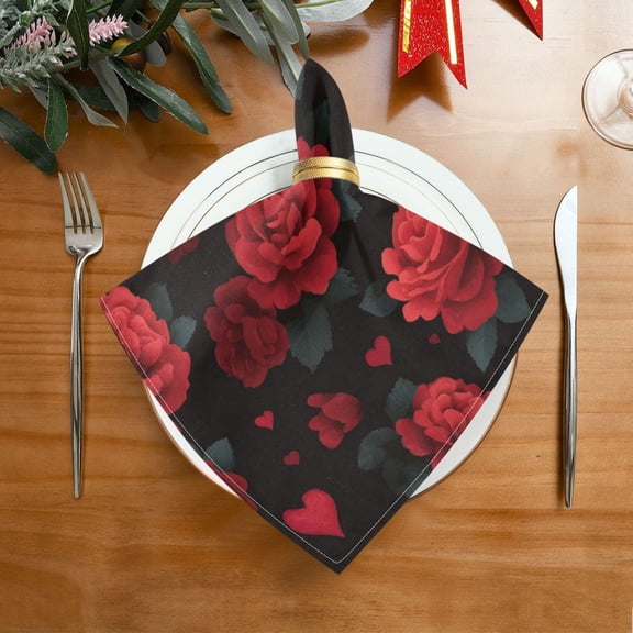 20"x20" Satin Dinner Napkin Red Roses and Hearts Pattern Table Napkins for Wedding Birthday Restaurant Party Tableware Decoration 1 Pack