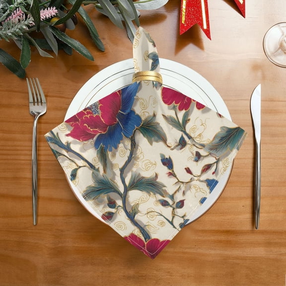 20"x20" Satin Dinner Napkin Red and Indigo Blue Flowers Table Napkins for Tableware Decoration 1 Pack