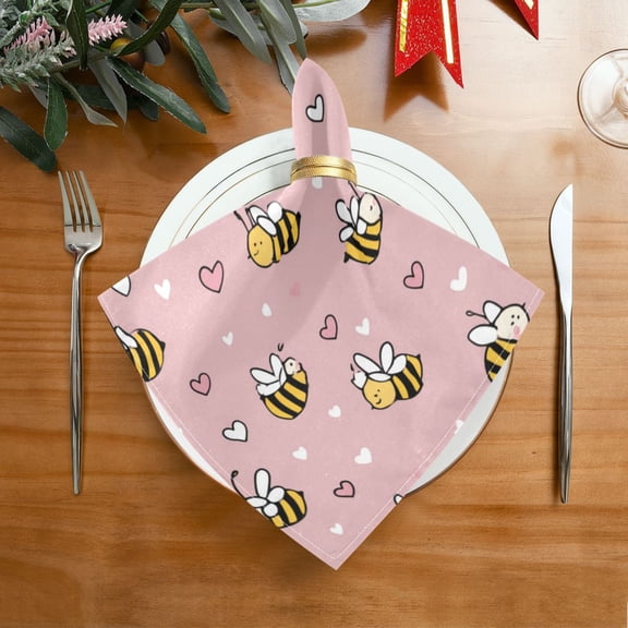 20"x20" Satin Dinner Napkin Small Heart and Bee Patterns Table Napkins for Wedding Birthday Restaurant Party Tableware Decoration 1 Pack