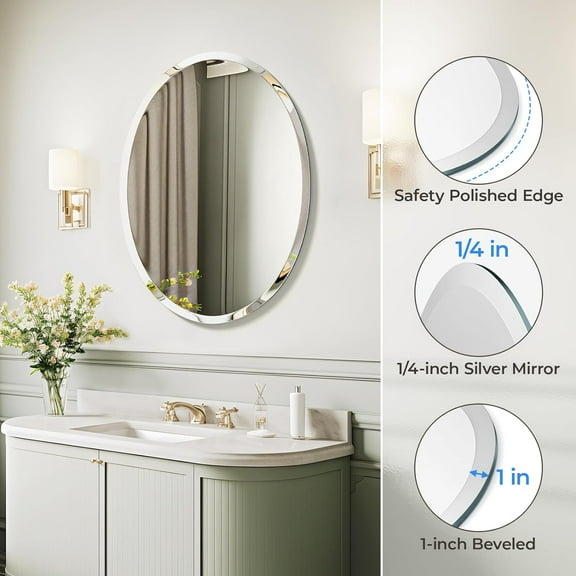 20"x28" Beveled Polished Oval Frameless Wall Mirror | Best Value | Modern Elegant Bathroom Mirror for Over Sink Bedroom Vanity Entryway