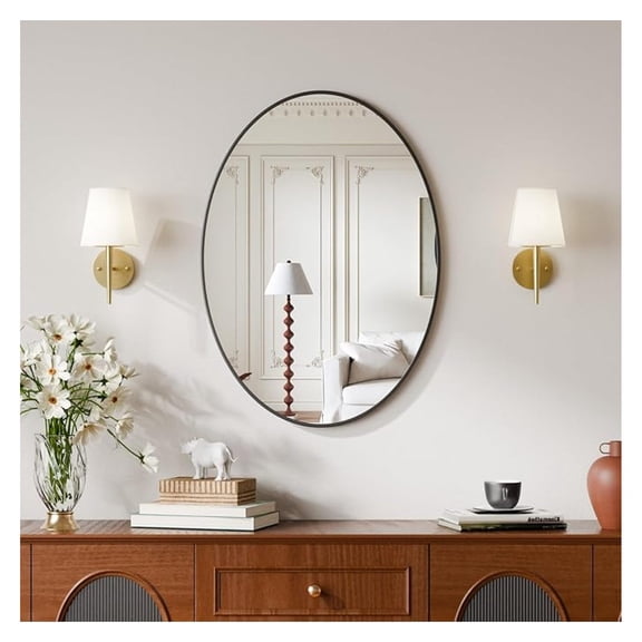 20"x28" Oval Bathroom Mirror with Black Metal Frame - Oval Wall Mirror Hanging or Leaning Vertical or Horizontal for Bedroom, Living Room, Entryway