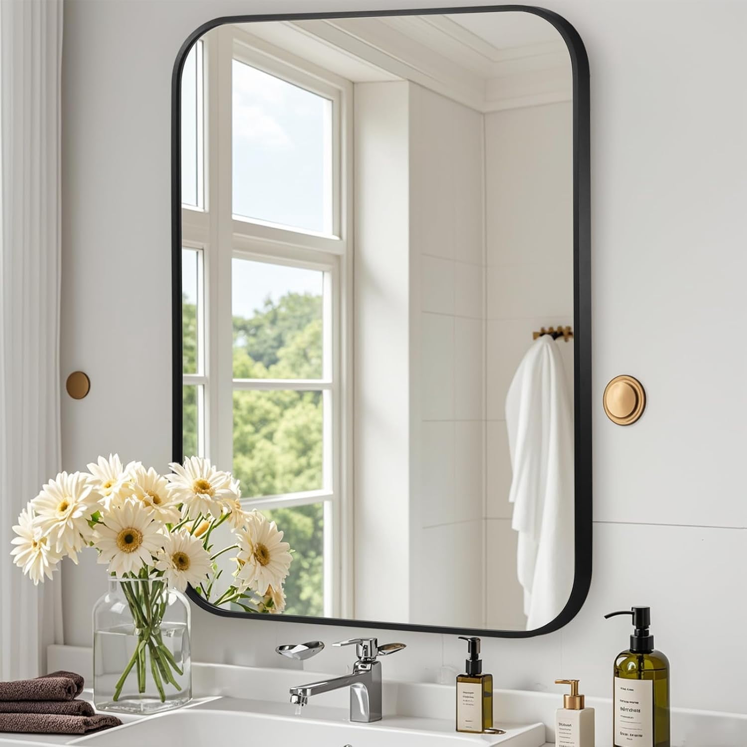20"x30" Rectangle Bathroom Mirror, Matte Black with Metal Frame, Corner ...