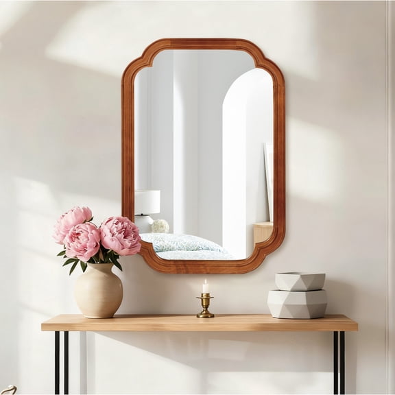 20"x30" Round Corner Solid Wood Mirror, Modern Wall Decor