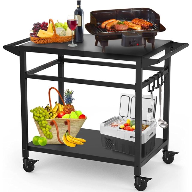 20"x32" DoubleShelf Grill Table Movable Grill Cart, Outdoor Food Prep and Pizza Oven Table