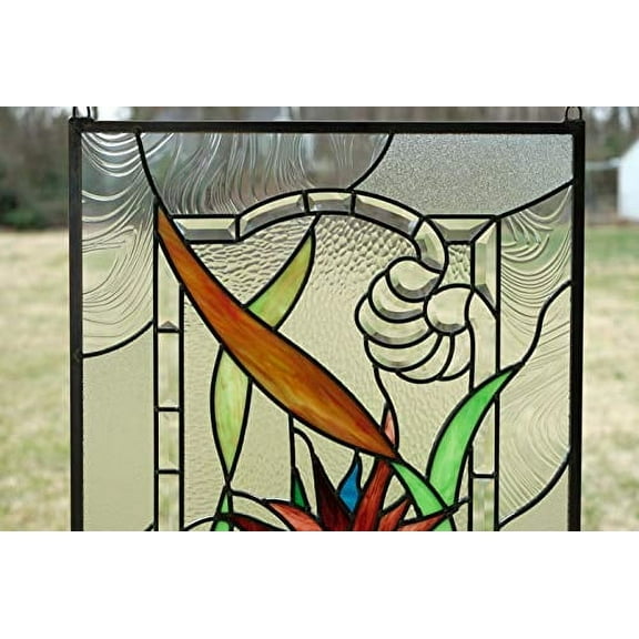 20"x34" Hanging Stained Glass Window Panel STRELIZIA Reginae, Bird of Paradise