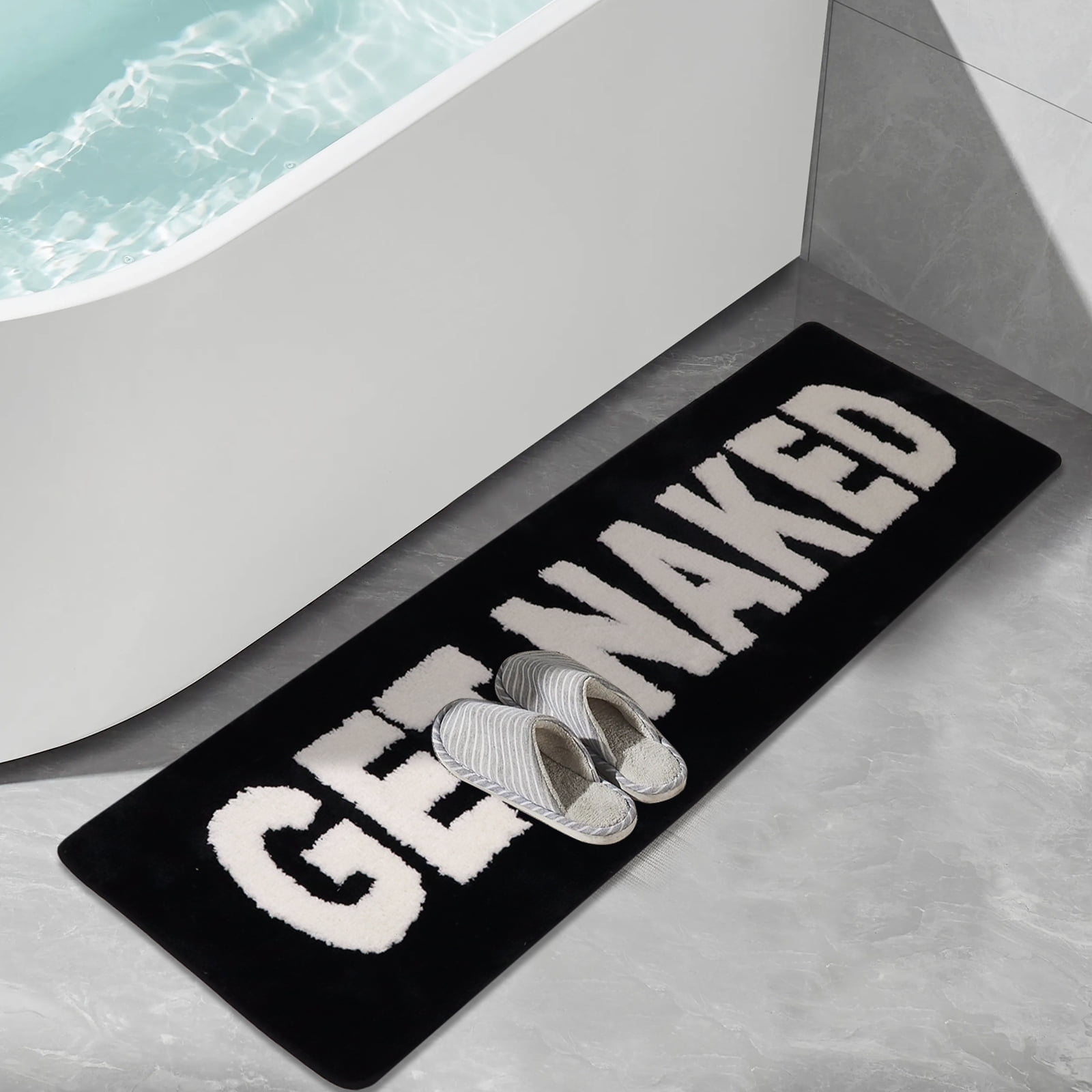 20"x60" 'GET NAKED' Bath Mat - Large Non-Slip Runner Rug - Funny Soft Absorbent Bathroom Decor for Shower, Bathtub, Laundry Room, and Bedroom-Black