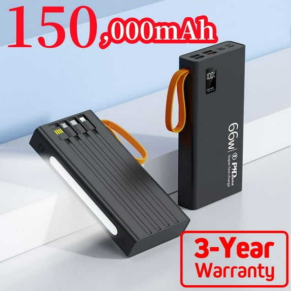 200,000mAh Power Bank for XIAOMI Super Fast Charging Built Cables Mobile Power Portable External Battery for Iphone for Samsung 2024 (Black-150 000mAh)