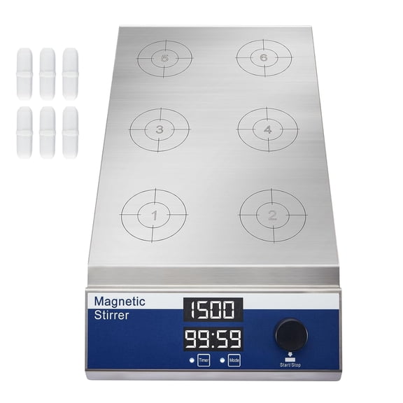FOUR E's Scientific 200-1500RPM Magnetic Stirrer, 6 Multi Position Digital Stir Plate, 6 x 500ml Stirring Capacity, Continuous & Timer Function (No Heating), with 6 Pcs Stir Bars