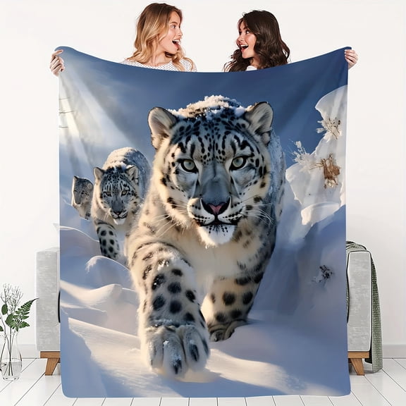 200-250g Lightweight Snow Leopard Playful Pattern Throw Blanket, Soft Fleece Flannel Cozy Wrap for All Seasons, Animal Themed Knitted Polyester Digital Print Decorative Throw