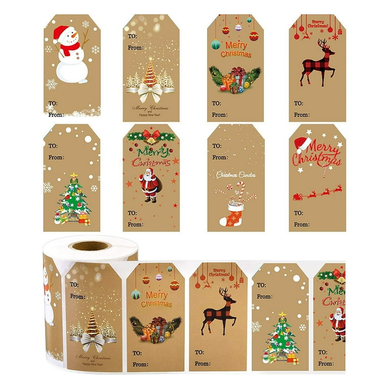 300 Pcs Self Adhesive Christmas Tag Stickers Kraft Christmas Gift Tags Xmas  Name Tags Stickers Decorative Christmas Labels for Holiday Presents 