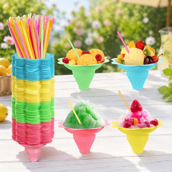200 8 oz Cone Cups with Spoon Straws, Reusable Flower Shaped Plastic Shaved Ice , Leakproof Snack Cups for Birthday Party Supplies