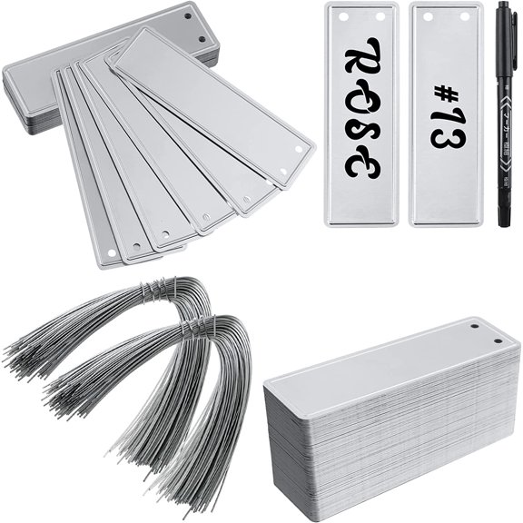 200 Aluminum Plant Tags with 200 Metal Wires - Double Sided Write On Metal Labels - Solid Stamping Tags - Waterproof Outdoor Plant Markers for Trees, Greenhouses