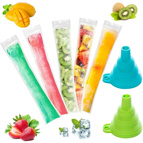 200 Bags for Ice Creams, VEGCOO Bags for Ice molds with 2 Embudo, Popsicle bags without BPA Mold bags for Yogurt, Candy, Ice Creams, Popsicle Palette bags 5.5 x 28 cm