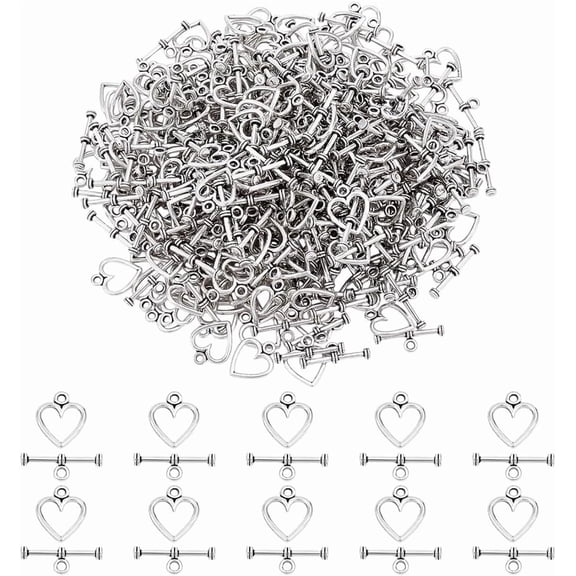 200 Bags Style Alloy Toggle Clasps Heart Silver Heart: 14x12mm Bar: 19mm Hole: 1.5mm