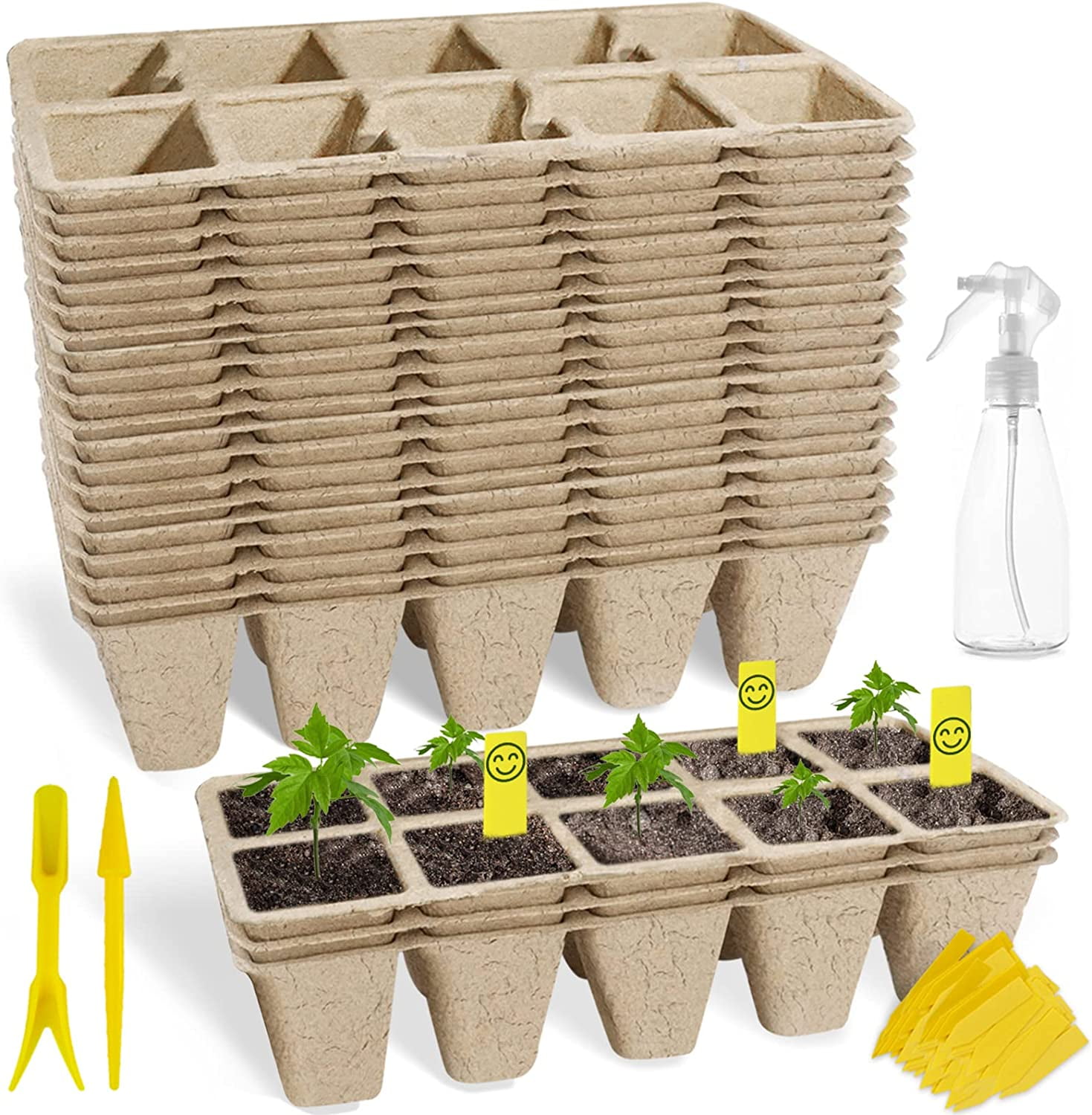200 Cells Seed Starter Tray, 20 Pack Biodegradable Seed Starter Kit, Peat Pots for Seedlings with 200 Plant Labels, 2 Seed Planting Tool and 1 Spray Bottle
