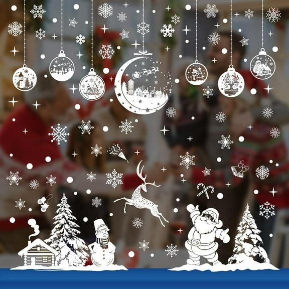 200+ Christmas Window Clings Stickers, 9 Sheets Snowflake Static Xmas Window Decals for Winter Frozen Christmas Party Decorations, Santa Claus Reindeer Decals for Holiday Party Supplies