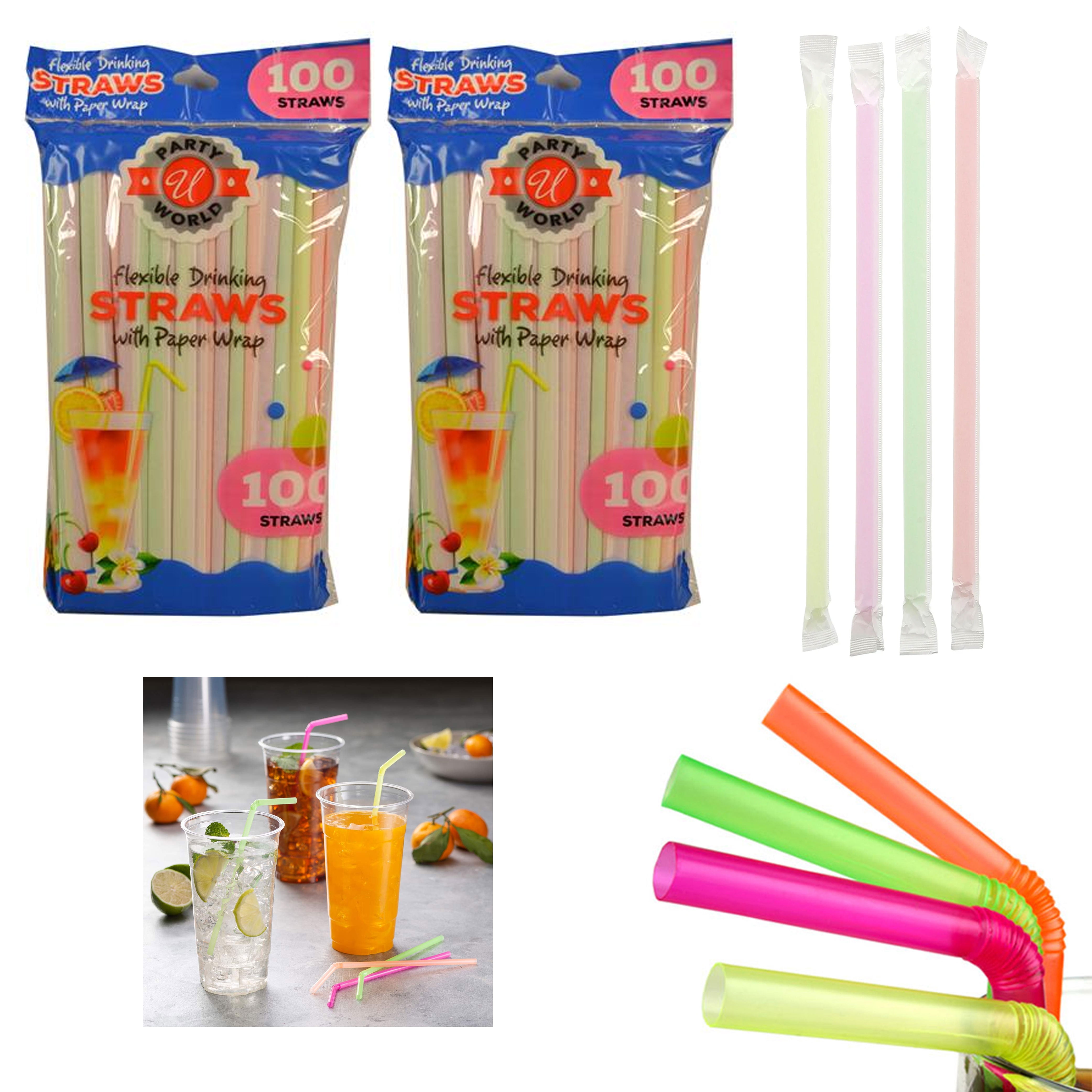 200 Colorful Plastic Long Disposable Drinking Straws Flexible Bendable