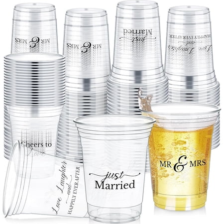 200 Count 12 oz Clear Disposable Wedding Cups with White Floral Design