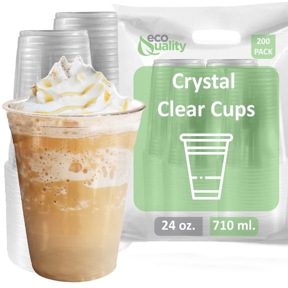 [200 Count] 24 oz Clear Plastic Disposable Pet Cups | Crystal Clear PET Cup | Cold Smoothie | Iced Coffee Go Cups | Ideal for Coffee, Parfait, Juice, Soda, Cocktail, Party Cups (24OZ, 200 Count)