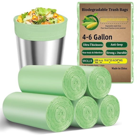 GPED 200 Count 4-6 Gallon Small Trash Bags, Biodegradable Extra Strong Unscented Garbage Bags, Expanded Size for Bathroom Bedroom Office Kitchen, Green